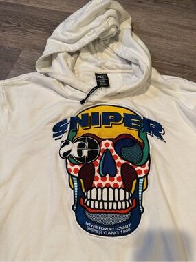 SNIPER GANG White Crewneck Hoodie with Colorful Skull Graphic